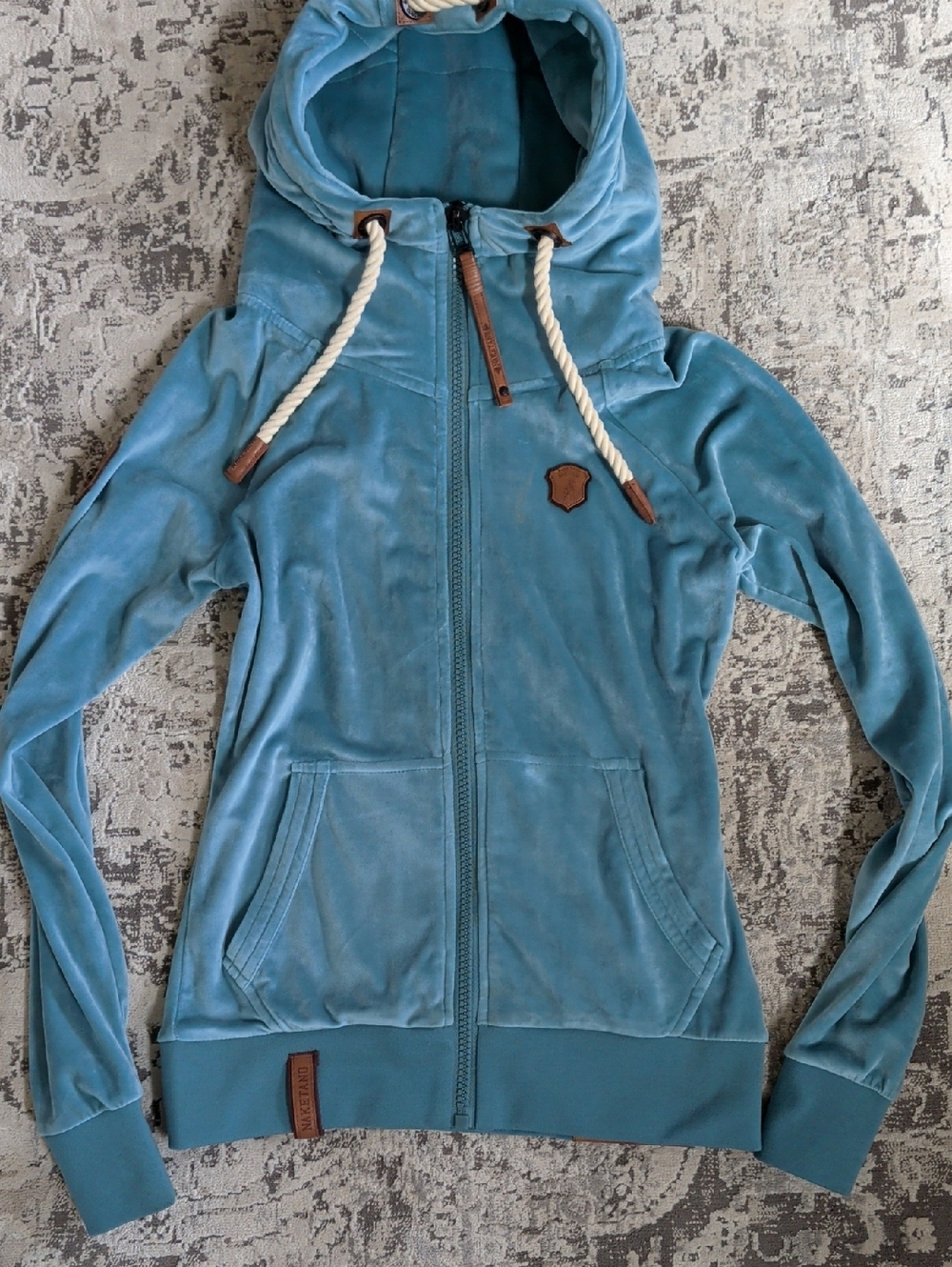 Naketano Women's Light Blue/Turquoise Velvet Hooded Zip Sweatshirt Size Small